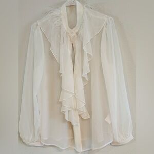 Sheer White Ruffled Women's Blouse Relaxed Fit Size Large